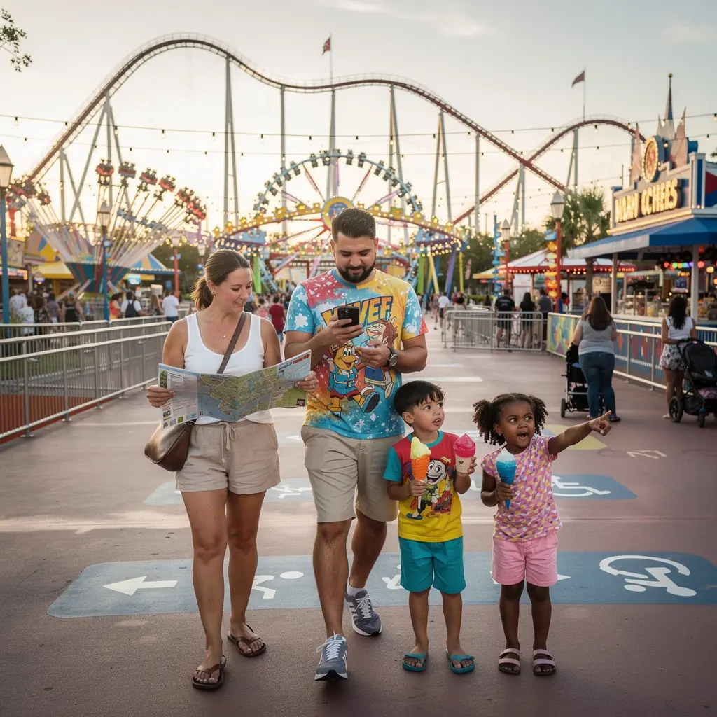 Mapa z planem podróży rodziny z dziećmi, uwzględniająca przystanki.