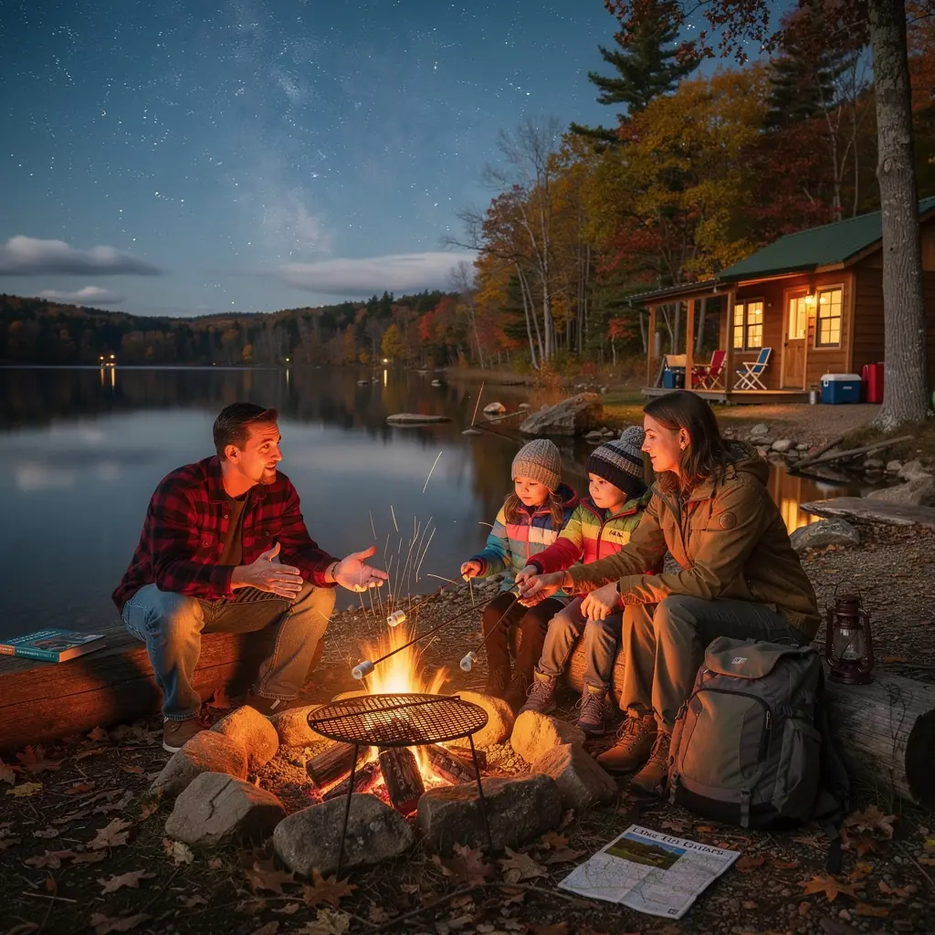 Rodzina planująca wakacje w biurze podróży, przeglądająca broszury.